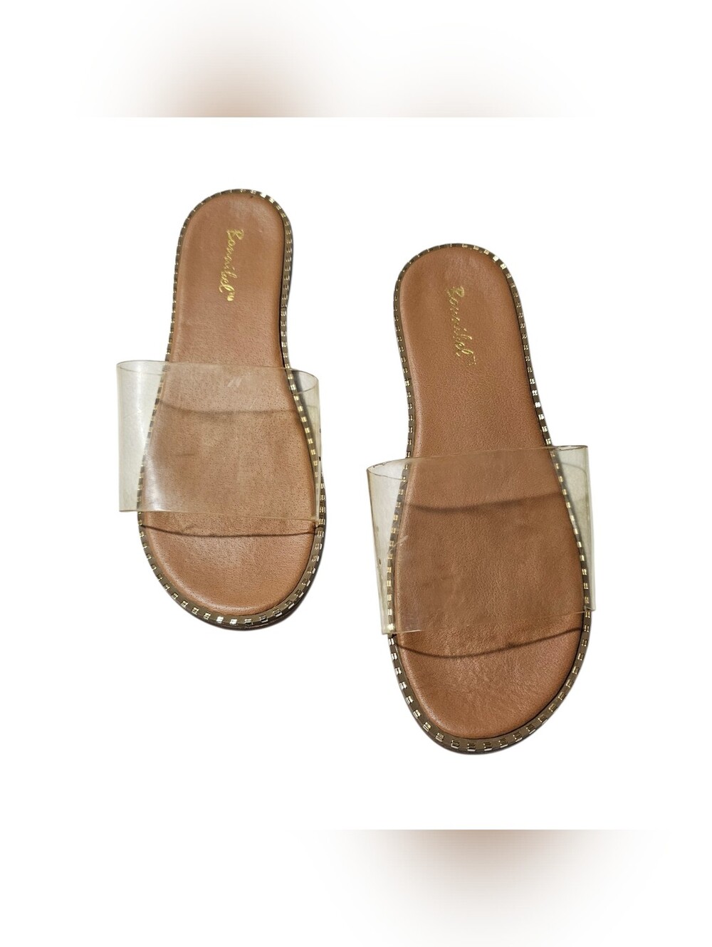 Bonnibel Women's Clear Strap Slide Sandals Size 9 Brown Flat Slip On Shoes